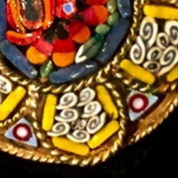 YELLOW RED FLORAL ITALIAN MICRO MOSAIC PIN BROOCH - Picture 4 of 5